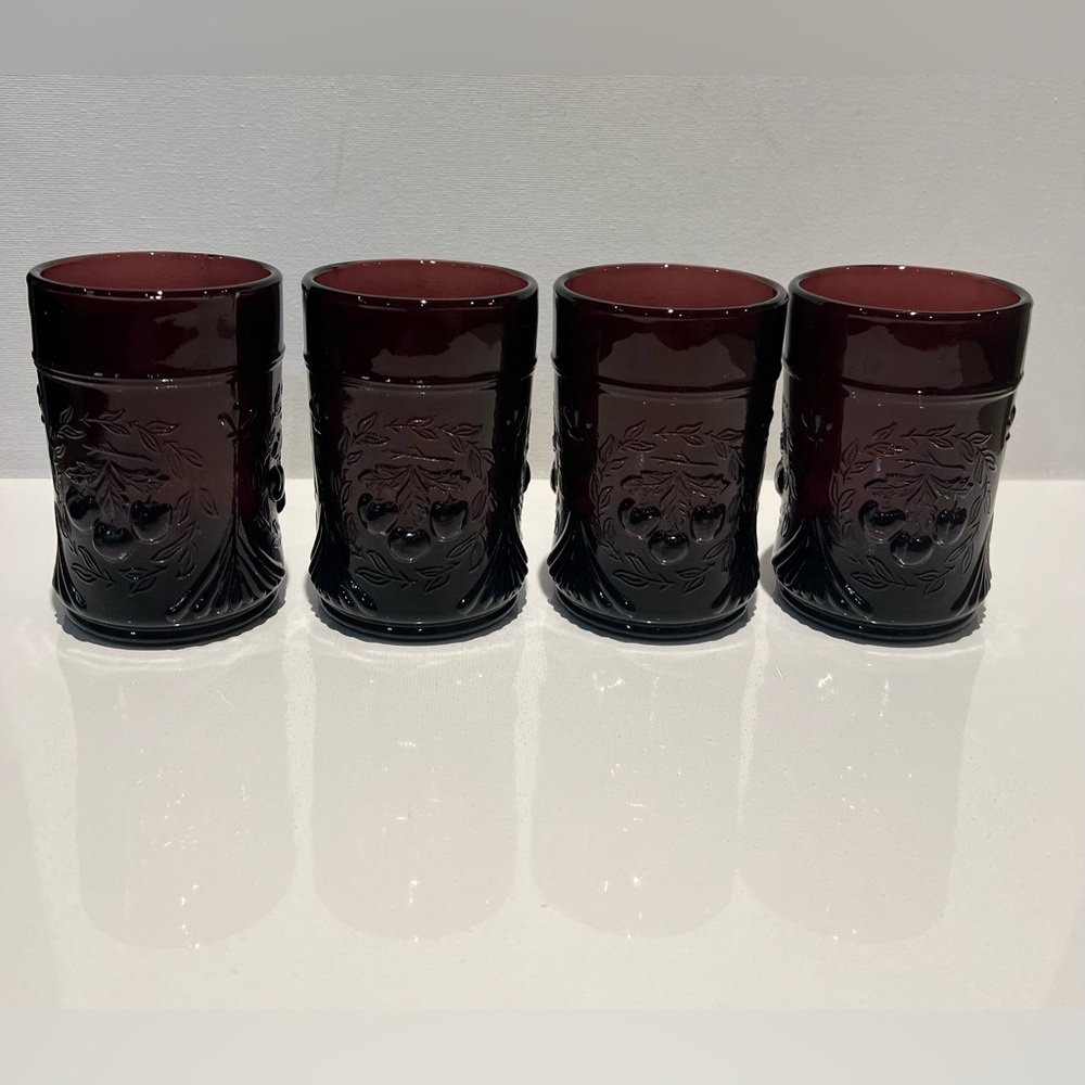 LG Wright Fenton Amethyst Cherry Wreath Pattern Pressed Glass Tumblers Set of 4